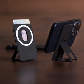 TROIKA MagSafe Card Holder - HILDECARD - for 1-2 Cards for Magnetic Attachment to Smartphone - Stand Functions for Horizontal and Vertical Standing - Faux Leather - Black Original, black, Minimalist