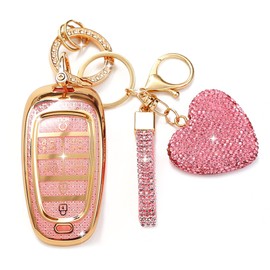 Simocky Fit for Hyundai Key Fob Cover with Diamond Keychain, Compatible with Hyundai 2024 2023 2022 Sonata Santa Fe Nexo Tucson Palisade Smart Key Protector for Women (7 Buttons, Pink)