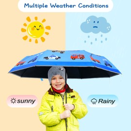 Decalsweet Compact Travel Folding Umbrella-Strong Windproof Automatic Umbrella with Reflective Strip-Lightweight Anti-UV Folding Umbrella for Boys Girls Kids,Transportation Vehicles
