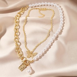 HETICA Baroque Pearl Chunky Gold Necklace for Women, Gold Chunky Big Pearl Double Butterfly Choker Necklace, Contemporary Style, Women's Accessory