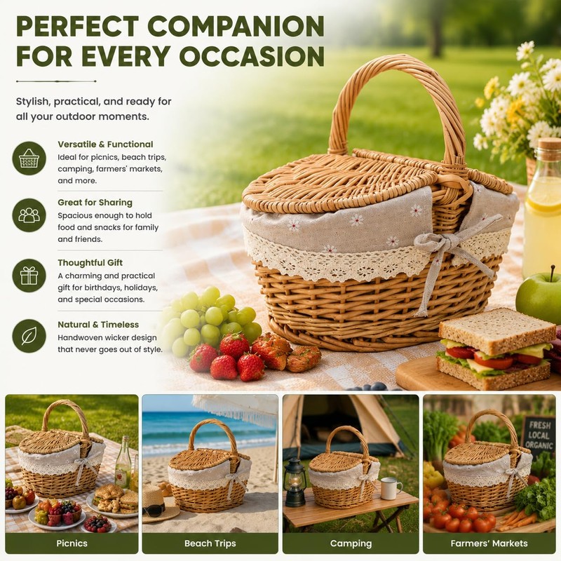 10.2 Inch Picnic Basket with Lid Woven Wicker for Garden