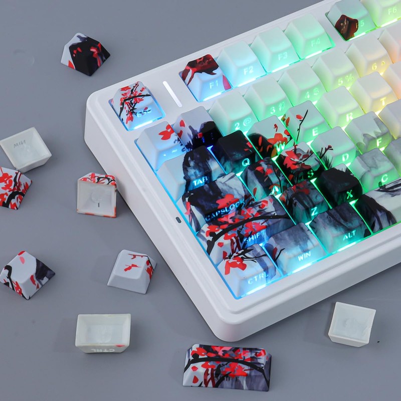 JOMKIZ Ink Painting Keycaps, Red Plum Blossom Landscape Cherry Profile