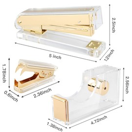 Gold Acrylic Stapler Set - Desk Accessory & Decoration Kit for Gift, Clear Stapler with 1000 Pcs Staples and Staple Remover, Tape Dispenser, Office Supplies Set