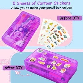 Sooez 1 Pack Clear Pencil Box, Plastic Hard Pencil Case with Stickers, Large Crayon Box with Snap-tight Lid, Stackable Storage Box Art Craft Marker Organizer Box for Kids Boys Back to School, Purple