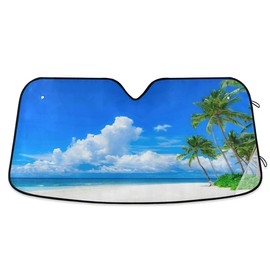 Summer Palm Leaves Beach Car Windshield Sun Shade Sea Blue Sky Sunshade Car Shield Shade Visor Cover Reflective UV Rays Protector Keep Your Vehicle Cool Foldable for Car Truck SUV