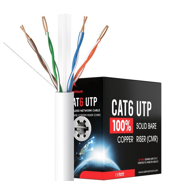 SATMAXIMUM 500ft Cat6 Ethernet Cable, Solid Bare Copper 23AWG, CMR