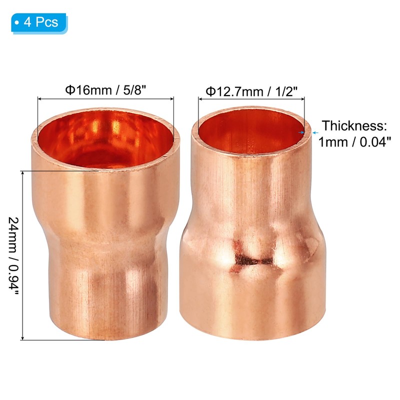PATIKIL 5/8" to 1/2" ID Copper Reducer, 4pcs 99.9% Pure