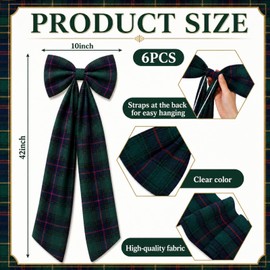 Norme 6 Pcs 10 x 42" Large Tartan Plaid Bows with Long Tails Scottish Wedding Pew Decor, Pre-made Blue Green Church Chair Aisle Bow Decorations for Wedding Bridal Shower Reception Ceremony Banquet