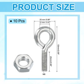 PATIKIL M8x25mm Eye Bolts, 10 Pcs Carbon Steel Threaded Eyebolt Eye Hooks Screws with Nut for Hanging or Securing Cables Silver