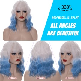 14" White Ombre Light Blue Short Bob Wavy Curly Bangs Wig Air Bangs Shoulder Length Women's Charming Synthetic Wig for Cosplay Party Anime Costume+Wig Cap (White Ombre Light Blue)