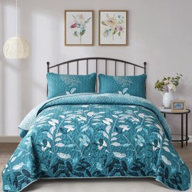 WONGS BEDDING Quilt Set California King, 3 Pieces Teal Floral Botanical Leaves Bedspread Coverlet Set with 2 Pillowcases for All Season, Soft Microfiber Floral Bedding Set 106"×96"