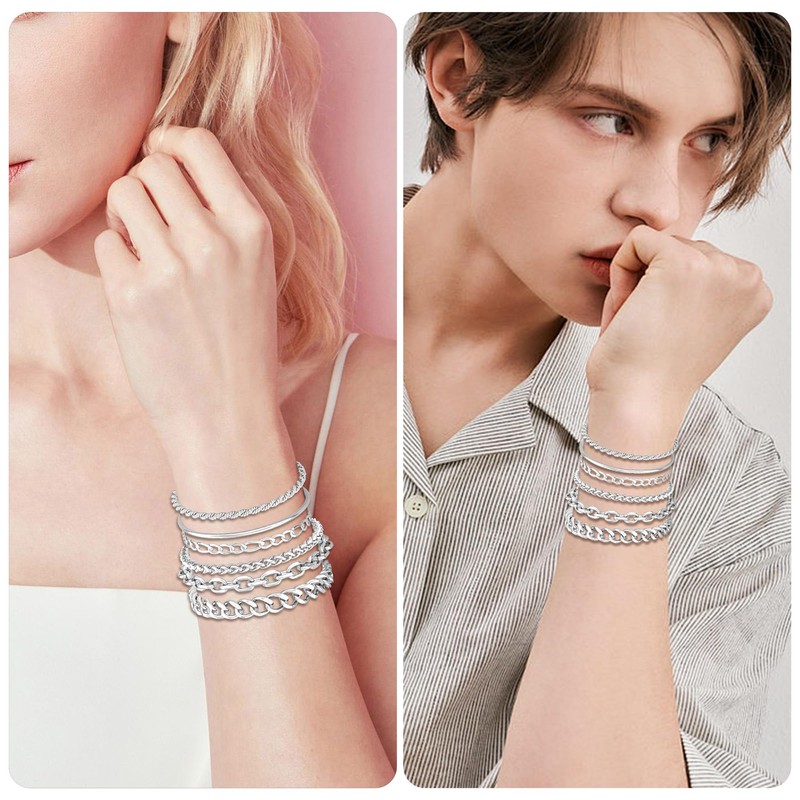 6PCS Stainless Steel Bracelets for Men Women, Silver Cuban Link