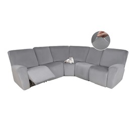 HDCAXKJ Reclining Sectional Couch Covers Velvet L Shaped Sectional Sofa Cover Washable Stretch Soft Corner Recliner Slipcover with Non-Slip Elastic Bottom (5 Seat Recliner Couch, Light Gray)