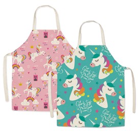 Children's Painting Apron Set of 2 Unicorn Children's Apron Children's Cooking Set Cooking Apron for Crafts Painting Baking Cooking Pink and Green (4-15 Years)
