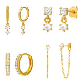 Cicy Bell Dangle Chain Earrings 18k Gold Plated pearl Earrings Stack Set