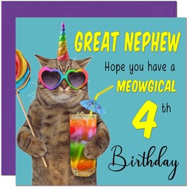 4th Great Nephew Birthday Card - Meowgical Cat Funny Birthday Card for 4 Year old Kids four, fourth