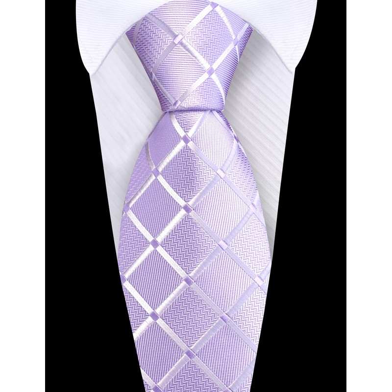 GUSLESON Mens Light Purple Tie for Wedding Silk Plaid Checkered