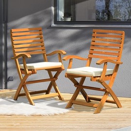 IDZO, Percy Chairs Heavy Duty 400lbs Capacity Set of 2 w/Cushion, FSC Acacia Outdoor Furniture, Teak Finish, Fully Assembled, Wood Folding_Beige