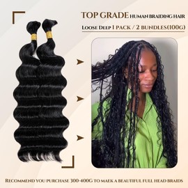 DMKEEP Loose Wave Human Braiding Hair 2 Bundles 100g Human Hair Braiding Hair No Weft Bulk Human Hair for Braiding Hair Extensions Jet Black Color 20 Inch