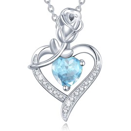 FANCIME 925 Sterling Silver March Birthstone Necklace Rose Heart Pendant Blue Aquamarine Necklace with Fine Jewellery Box Christmas Birthday Valentine's Day Mother's Day Present for Women Mother