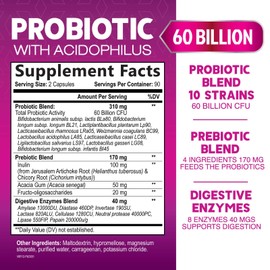 Nature's Nutrition Probiotics 60 Billion CFU per Serving - 10 Strains + Prebiotics - Immune, Digestive & Gut Health Support, Supports Occasional Constipation, Gas & Bloating for Women & Men, Shelf Stable - 180 Capsules