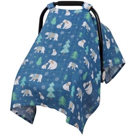 Muslin Carseat Covers Baby, Rquite Car Seat Cover Baby, Lightweight Infant Carseat Canopy, Soft Breathable Baby Carrier Cover for Boys and Girls,Fit Summer Hot Days/Warm Weather (Polar Bear)
