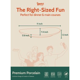 Sweese Porcelain 11 Inch Dinner Plates Set of 6 - White Dinner Plates - Dishwasher, Microwave, Oven Safe, Scratch Resistant