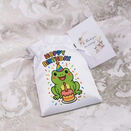 18cm 'Happy Birthday Frog' Satin Drawstring Bag/Pouch (SB00124006)