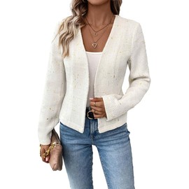 Mina Self 2025 Women's Spring Tweed Blazer Fully-Lined Collarless Open Front Elegant Petite Cute Fashion Casual Work Jacket, White, Small
