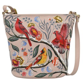 Anuschka Women's Original Hand-Painted Genuine Leather Bucket Tote Bag - Cardinal Family