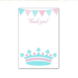 30 Blank Thank You Cards Notes Birthday Party Baby Girl Shower Princess Pink Aqua Blue Flag Banner Crown Design + 30 White Envelopes
