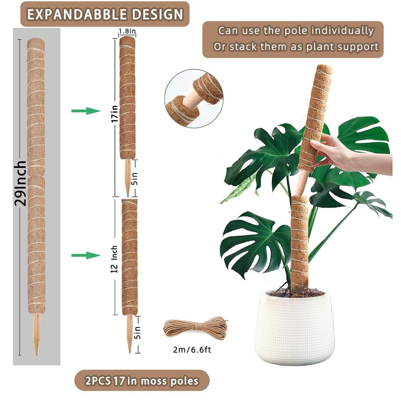 Moss Pole, 2 Pack 17 Inch Monstera Plant Support for