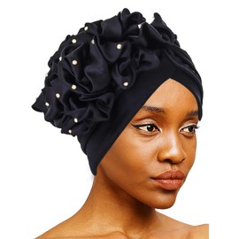 Urieo Flower Knot Head Wrap Beaded Turban Headwrap Pleated Beanie Cap for Women Black