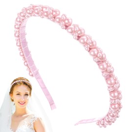 Pink Headband Pearl Headband Head Bands for Girls Women Elegant Faux Pearl Headbands Wedding Headbands For Bride Cute Fancy Pearls Head Band Pink Hair Accessories for Birthday, Wedding & Party