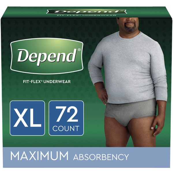 Depend FIT-FLEX Incontinence Underwear for Men, Maximum Absorbency, Disposable, XL, Grey, 72 Count