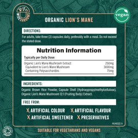 Lions Mane Supplement 3000mg | Organic | High Strength Mushroom Supplement | from Fruit Body | 90 Vegan Capsules | by Wiseshrooms
