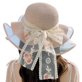easylivegogo Women's Straw Hat, Wide Brim, UV Protection Hat, Flower Pattern, Bowknot, Ribbon, Lace, Straw Hat, UV Protection, Sun Protection, Natural, Refreshing, Deformable, Actress Hat, Folding,