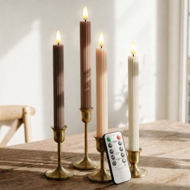 West Ivory Mocha Brown Coordinated Chocolatey 4 Pack, 10" Real Wax LED Flameless Fluted Ribbed Grooved Taper Candles, Remote & Timer Memory, On/Off Button, Dimmable, Battery Operated, Menorah Wedding