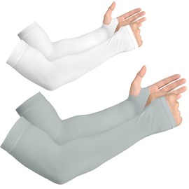 YESLIFE UV Sun Protection Arm Sleeves for Men & Women,UPF 50 Cooling Sports Sleeve, With Thumb Hole - 2 Pairs - White + Gray, One Size