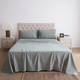 HOMICIA Stonewashed Linen Sheets Set- Queen Linen Bed Sheet, 4 Pcs Breathable Cotton Bed Sheets, Linen Cotton Sheets for All Seasons(Green,Queen)