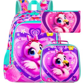 3PCS Flamingo Backpack for Girls, Water Resistant Kids Bookbag Set with Lunch Box, Cute School Bag for Preschool Toddler - Heart Flamingo