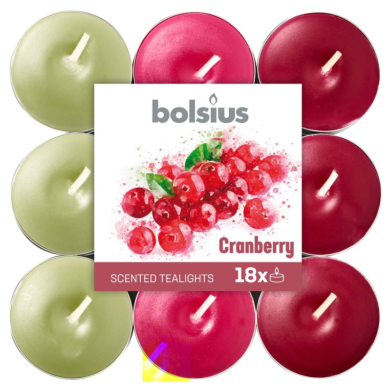 Bolsius Tealights Cranberry Scented Multi Coloured 4hr pack 18, Wax,