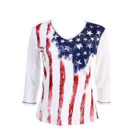 Jess N Jane "Old Glory Dressy Ladies Rhinestone Cotton T Shirt White-Large