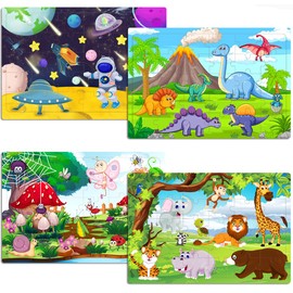 Wooden Jigsaw Puzzles for Kids 3-6 Year Olds - Space Dinosaur Animals 30 Piece Puzzle Toys - Toddler Children Learning Educational Puzzle Toys Set (4 Puzzles)