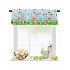 Happy Easter Valances for Kitchen Windows Bunny Valance Curtains for Living Room, Easter Eggs Rabbit Tail Ears Rod Pocket Window Valance Window Treatment for Bathroom Bedroom 54x18inch, Washable