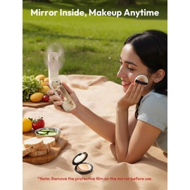 Aecooly Slim Portable Fan with Mirror, Thin Handheld Fan, USB Rechargeable Mini Personal [24H Max Cooling Time], Battery Powered Small Foldable Pocket for Travel, Lash, Makeup, Gifts for Women -Beige