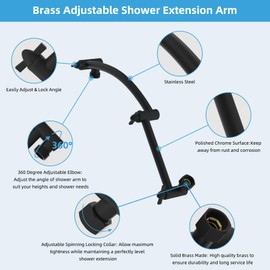 Hibbent All Metal 16'' Shower Head Extension Arm, Solid Brass Flexible Height & Angle Adjustable Shower Head Arm Extender with Lock Joints, Stainless Steel G1/2 Universal Connection, Matte Black