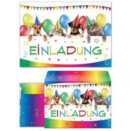 Pack of 12 Invitation Cards, Envelopes, Bags, Stickers for Children's Birthday Party Invitations for Girls and Boys "Funny Cats and Dogs" (12 Cards + 12 Cards + 12 Party Bags + 12 Stickers)