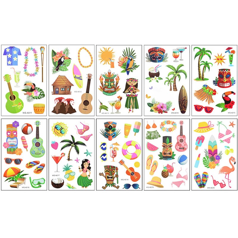Hawaiian Temporary Tattoo Sticker Set (10-Pack) - Exotic Designs for
