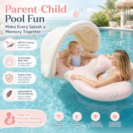Parent-Child Inflatable Pool Float with Canopy – Double Seat PVC Swim Ring for Supervised Family Water Play